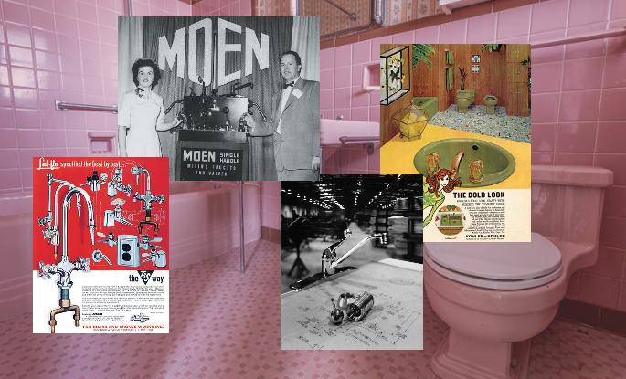 pink tiled bathroom with old plumbing ads 